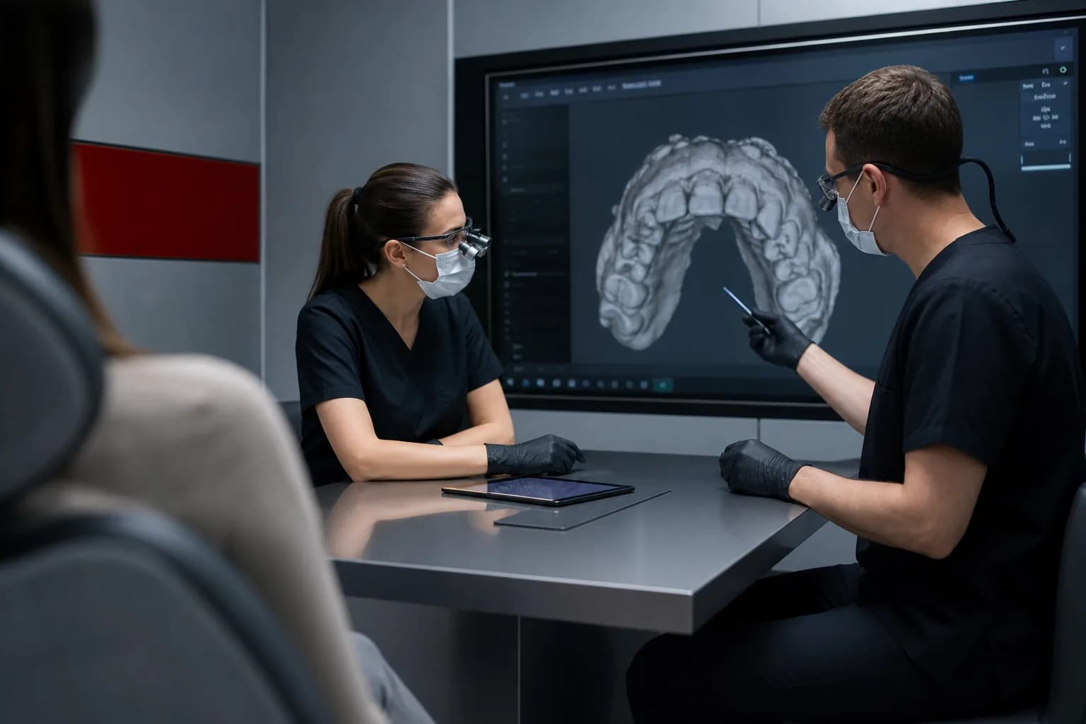 Doktori Axiom Dentala za stolom u sobi za konsultacije, pored ekrana sa 3D snimkom