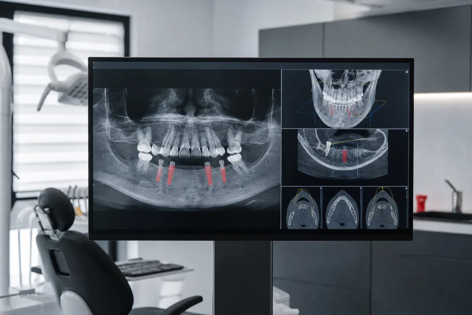 Ekran sa CBCT snimkom vilice i planiranim implantatima u ordinaciji Axiom Dentala